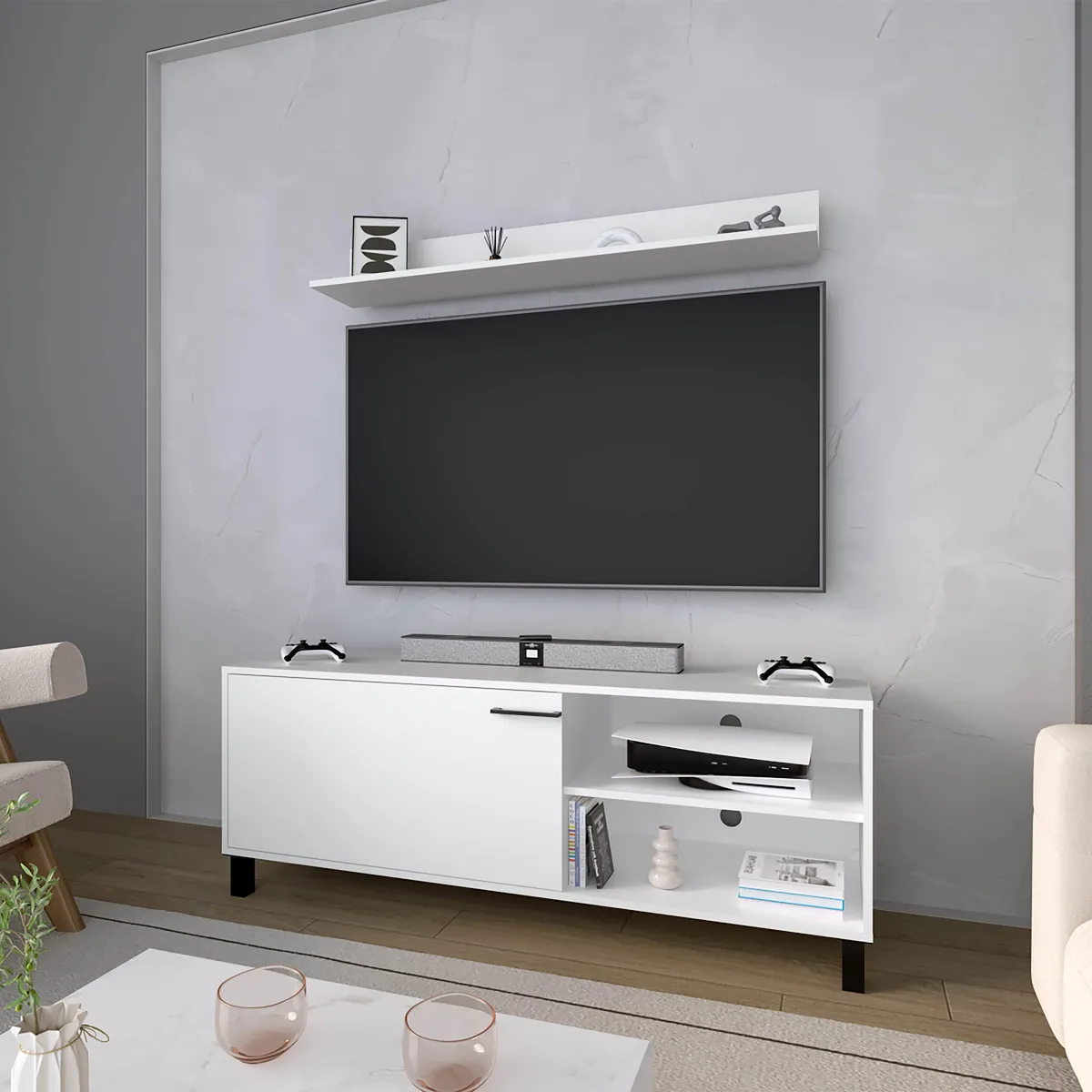 tuphen tuphen White TV Stand with Open Storage and Pneumatic Arms — product photo