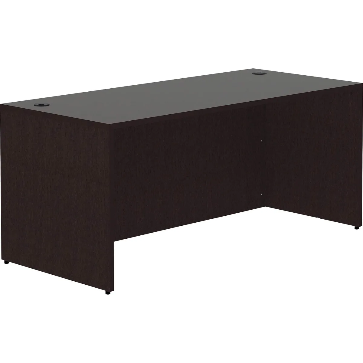 Rectangular espresso laminate desk shell with modesty panel and grommets