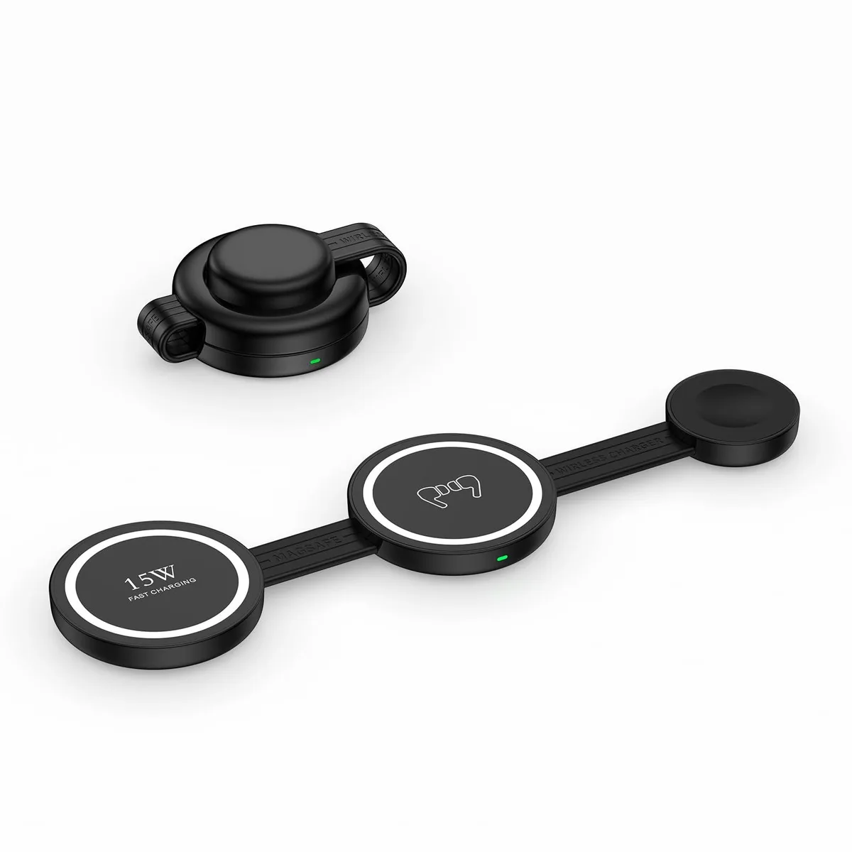 Foldable wireless charging station with three pads and USB-C cable
