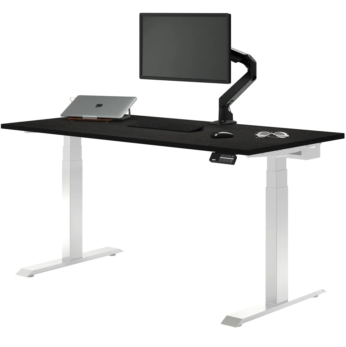 Desky Desky Dual Bamboo Sit Stand Desk Dark Bamboo White 60 x 30 in with Grommets — product photo