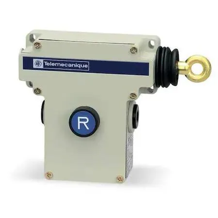 Yellow metal emergency cable pull switch, rectangular box with reset button and cable entry on right side