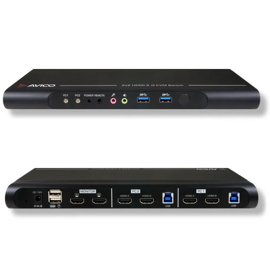Avico Avico Dual Monitor KVM Switch 2 Computers 2 Monitors TAA Compliant HDMI 2.0 USB 3.0 4K60 1440p144 1080p240 — product photo
