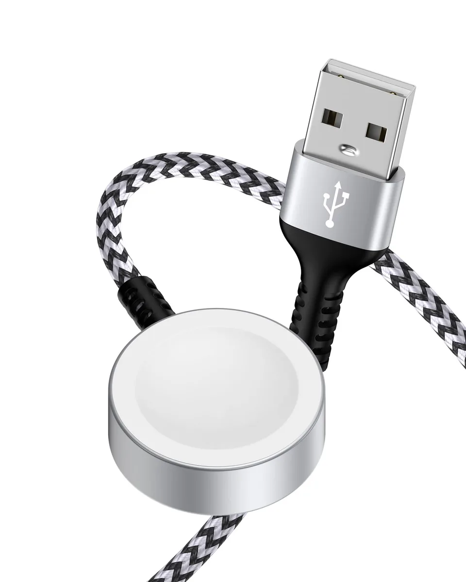 White braided USB-A to magnetic Apple Watch charging cable, 3.3 ft