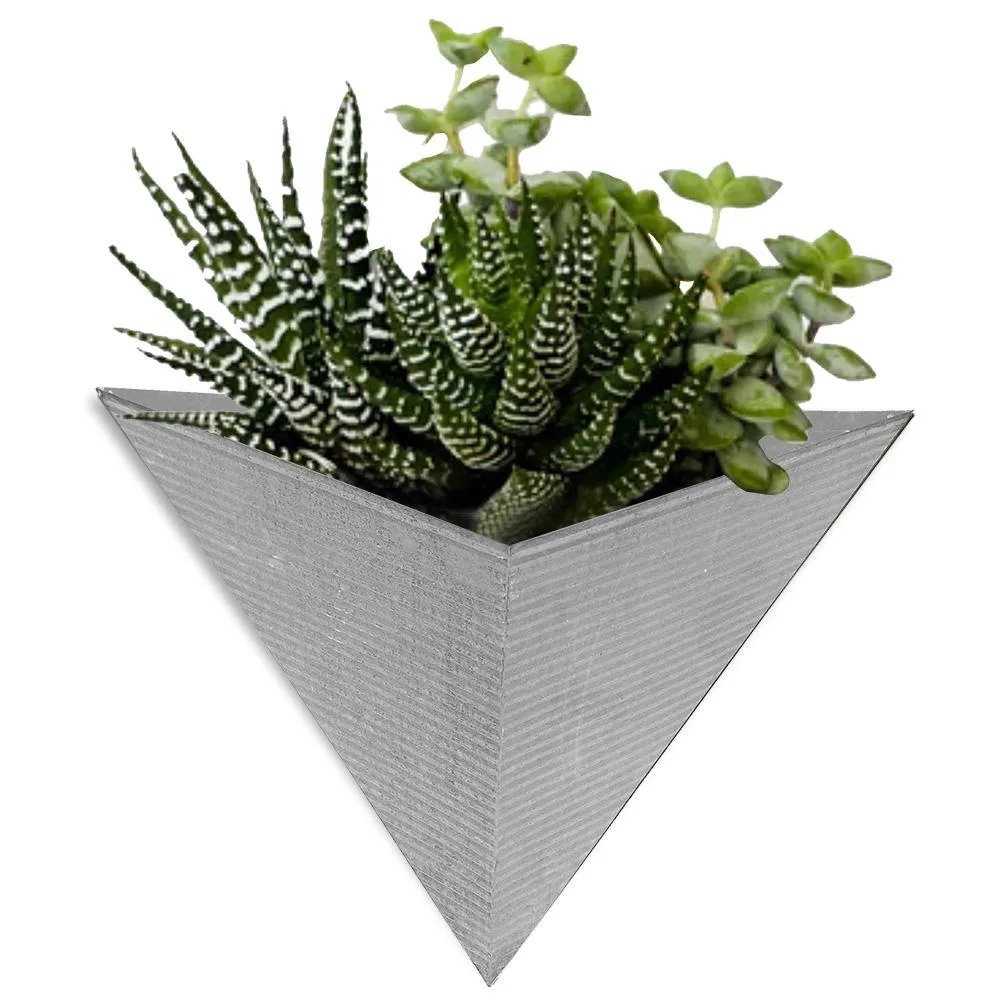 Triangular aged-zinc steel wall planter, 14.25 by 9.75 by 6.25 inches