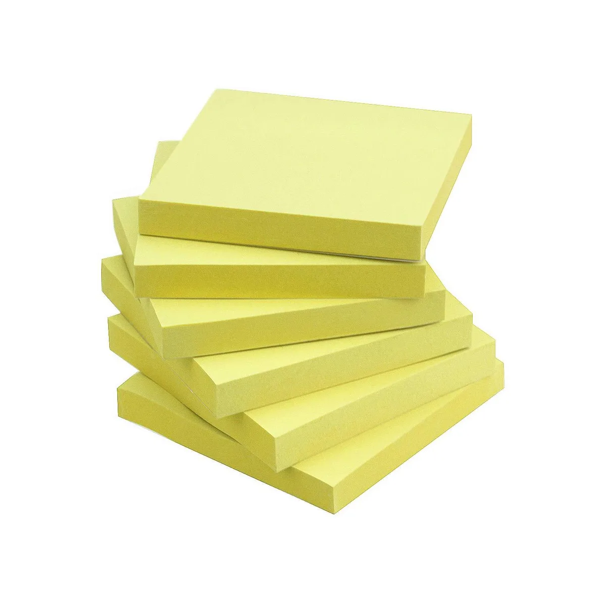 Six square yellow sticky-note pads, each 3 by 3 inches, stacked together