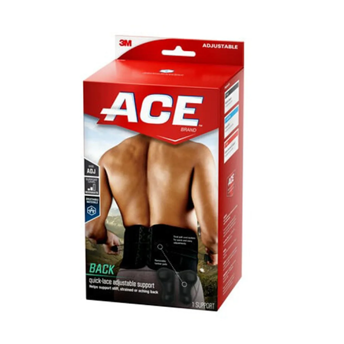 Black adjustable back brace with dual pull cords and removable pads, moderate support design