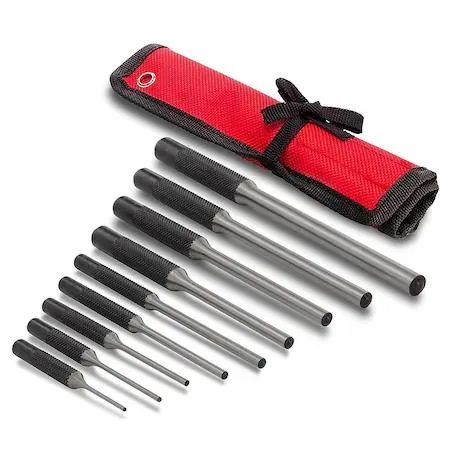 Nine-piece roll pin punch set in red black and silver finish