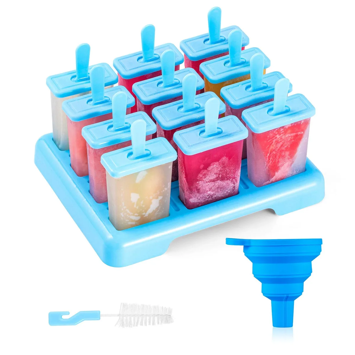 Popsicle Molds 12 Reusable Ice Pop Molds with Stand Collapsible Funnel and Cleaning Brush BPA-Free — product photo