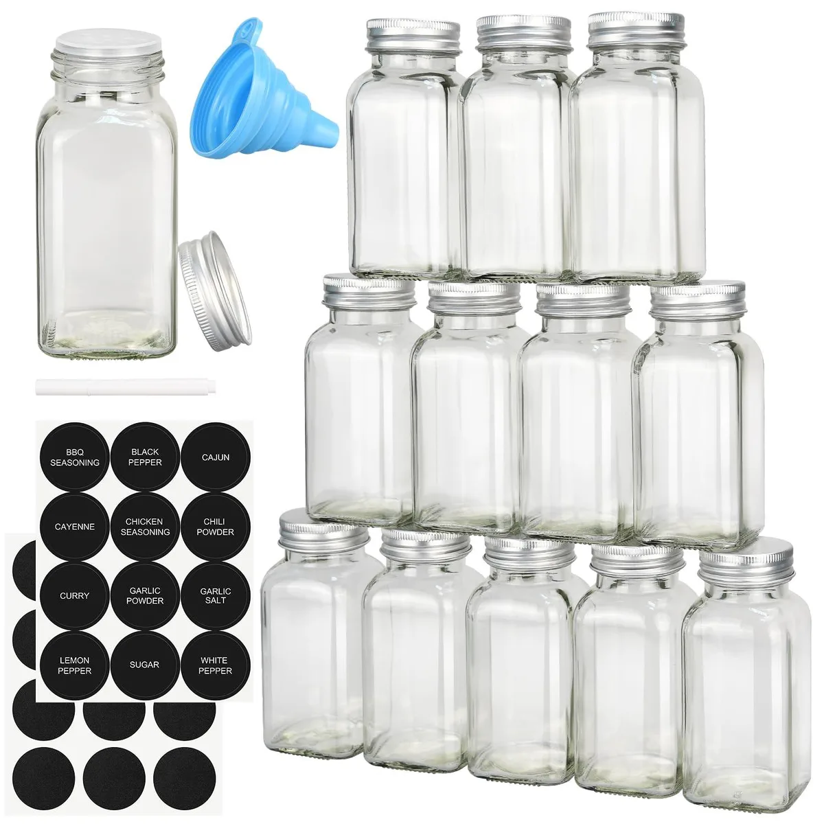 Twelve clear square glass jars with metal caps and shaker lids on a surface