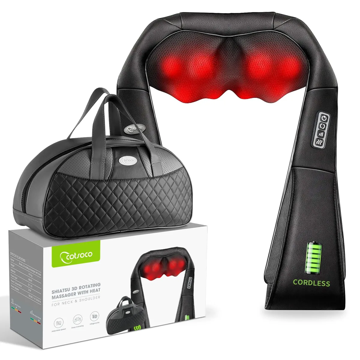 Black U-shaped neck massager with grey faux-leather finish and visible kneading nodes