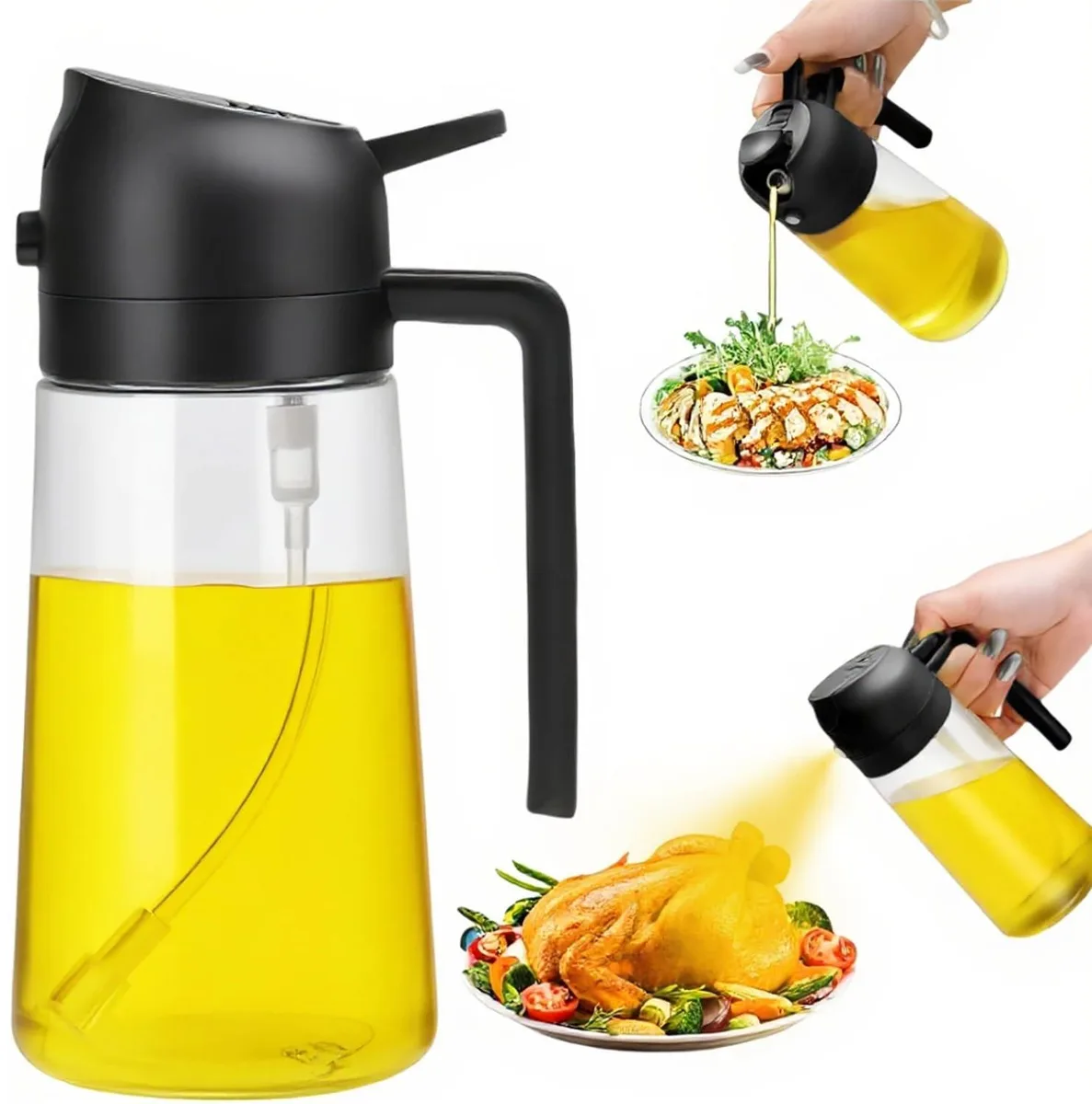 Black glass oil sprayer bottle with trigger spray head and pour spout, 470 ml capacity