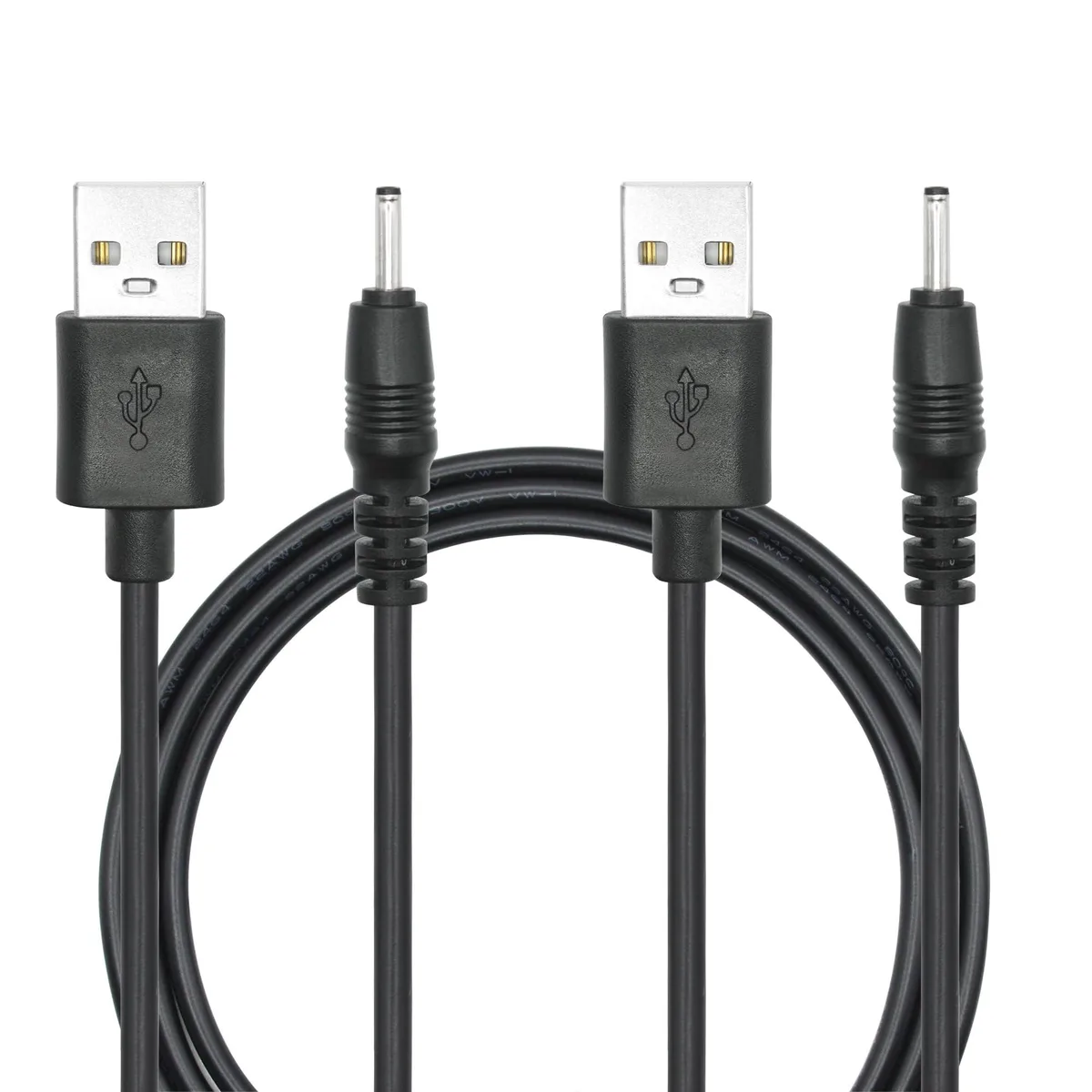 Two black USB-A to DC 2.5mm x 0.7mm cables coiled together