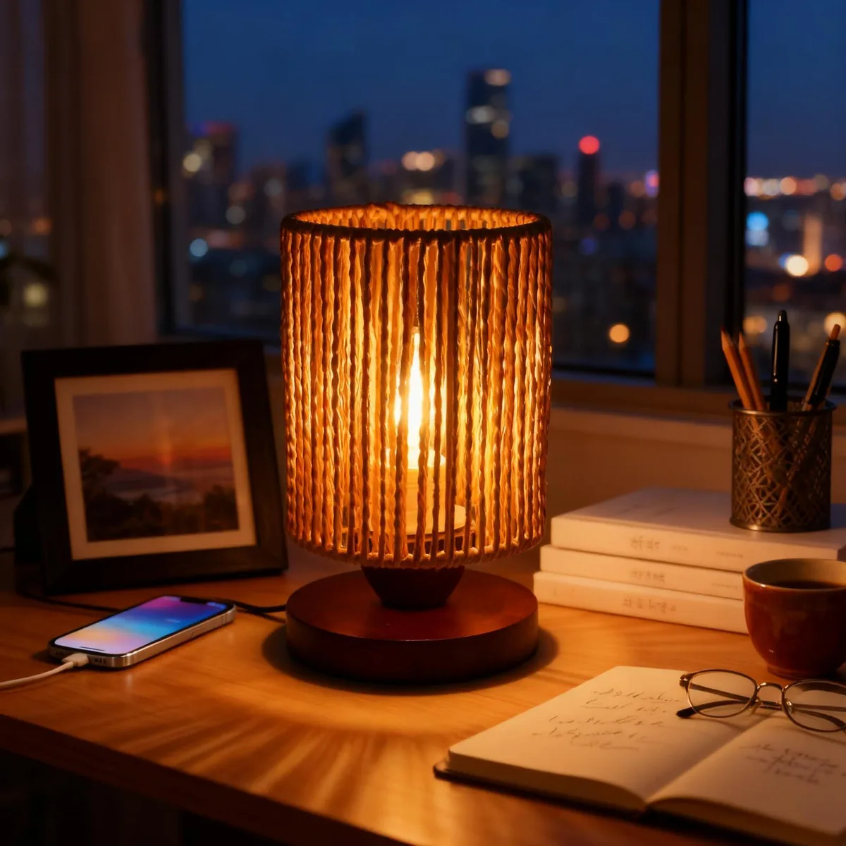 Small hand-woven rattan table lamp with round shade, 20 cm tall