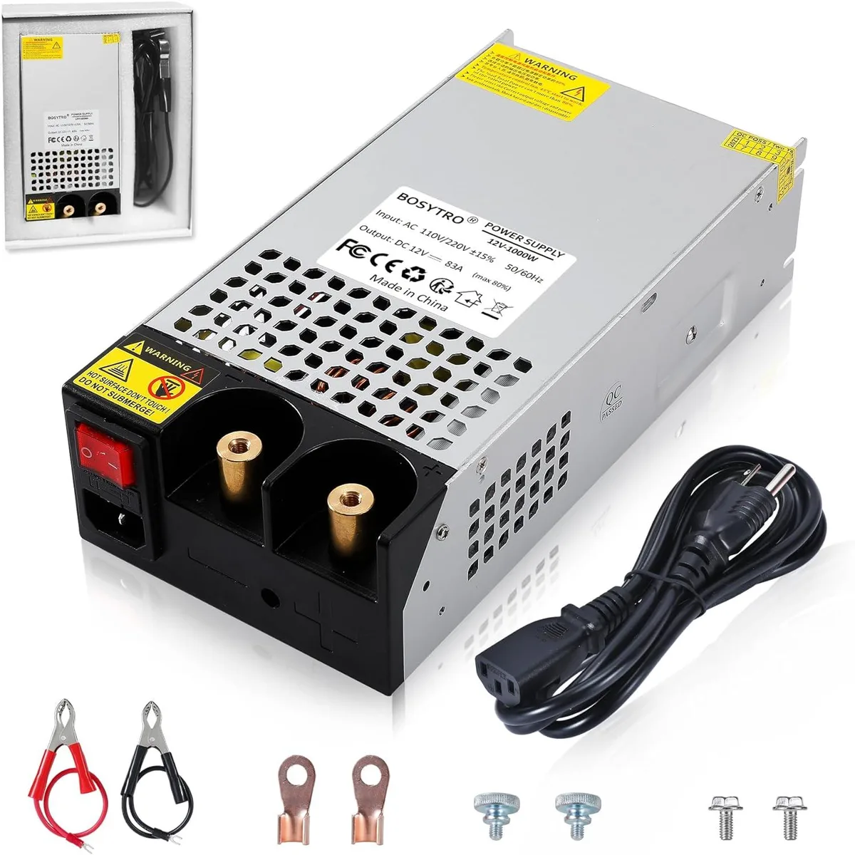 Silver aluminium enclosure with two nickel-plated terminals and cooling fan