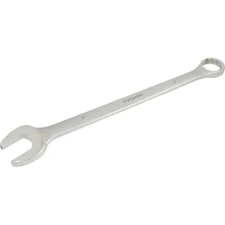 Large 2 inch satin chrome combination wrench with twelve point box end and fifteen degree angled open end
