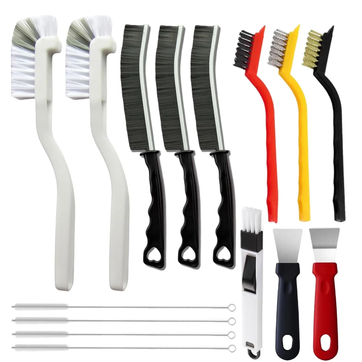 Fifteen-piece crevice brush set in plastic holder with assorted bristle types and scrapers