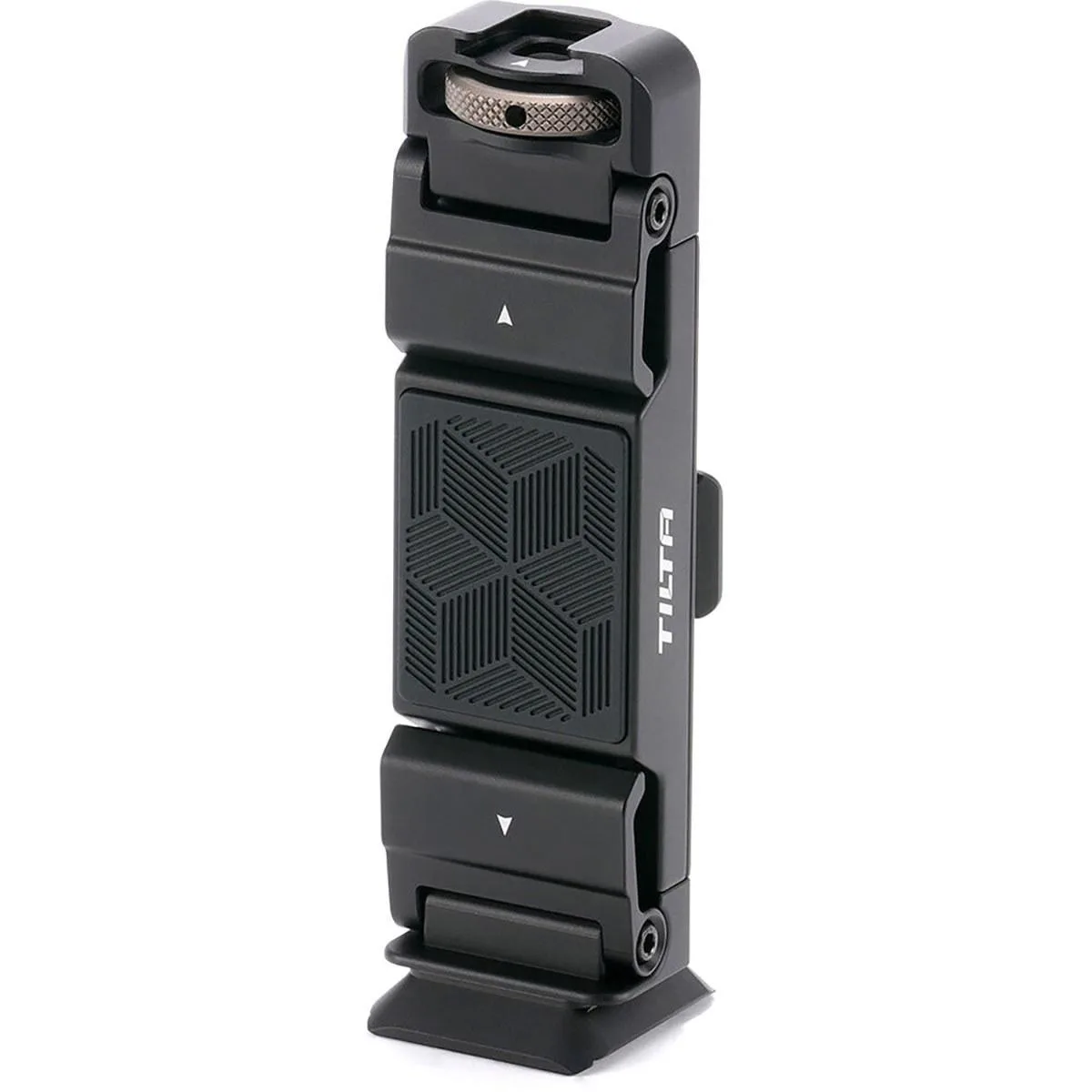 Black aluminum tablet clamp with rubber pads, cold shoe and 1/4"-20 threads