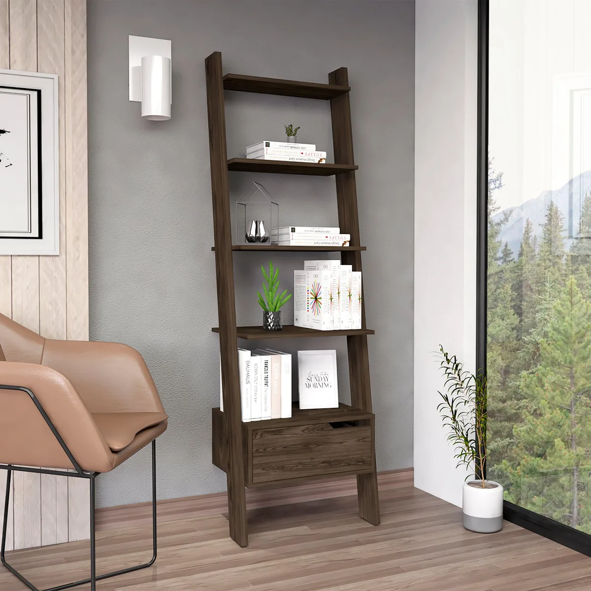 Ladder-style bookcase in dark walnut with five open shelves, one drawer and four legs