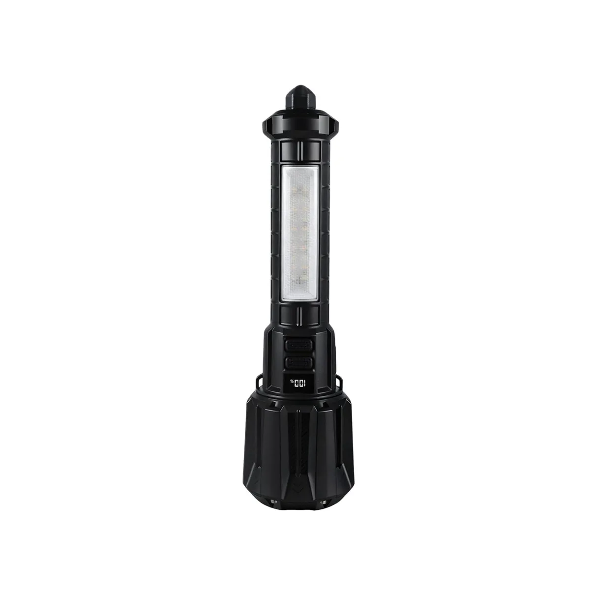 Black rectangular tactical flashlight with side light, window breaker tip and digital display