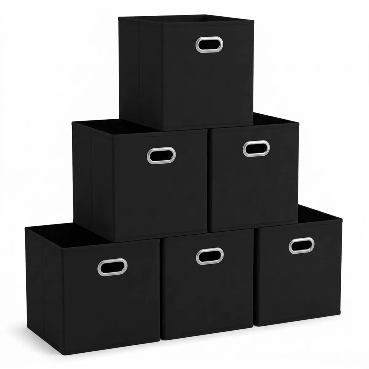Six black fabric storage cubes with silver front handles