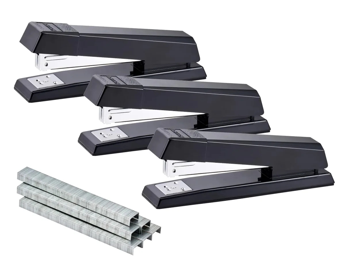 Three black plastic desktop staplers with 1250 staples included