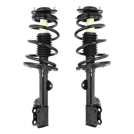 Two silver front strut assemblies with coil springs and top mounts