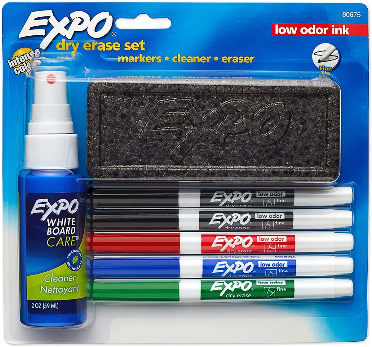 EXPO EXPO Low Odor Dry Erase Marker Set Fine Tip Assorted Colors 7 Piece with Eraser Cleaner — product photo