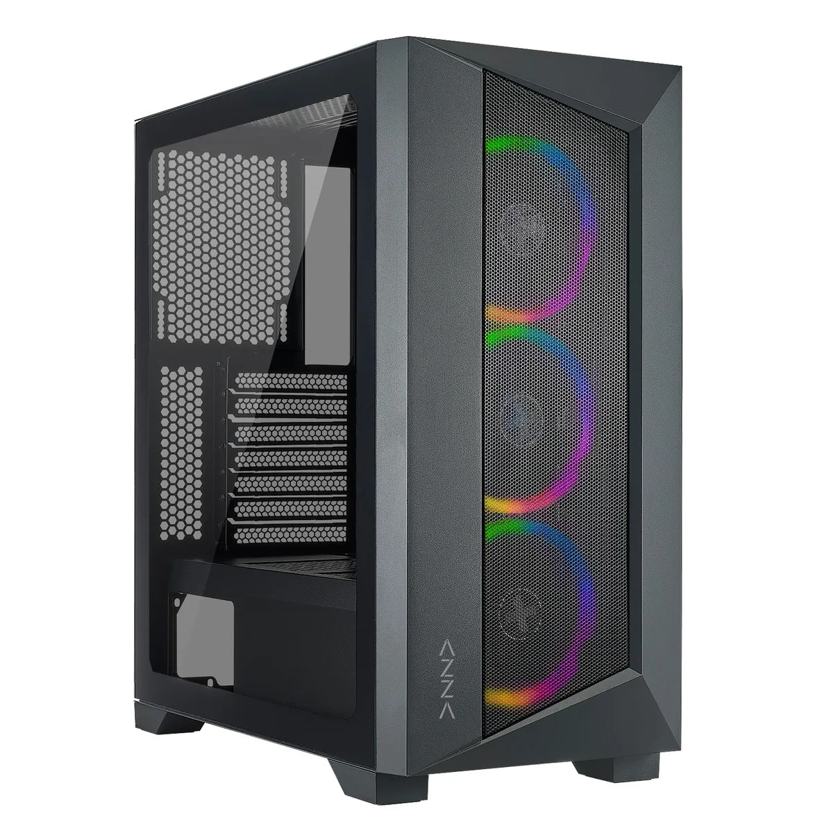 Black ATX mid-tower case with tempered glass side panel and three ARGB front fans