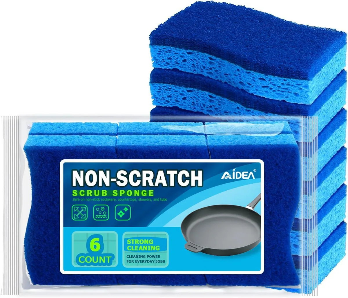 Six white S-shaped scrub sponges in a rectangular pack