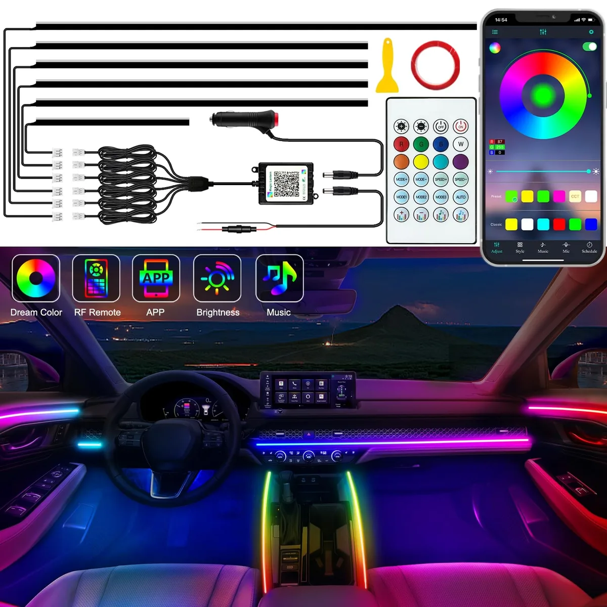  Jushope Interior Car LED Strip Lights Acrylic 600 LEDs 16M Colors 213 Modes — product photo