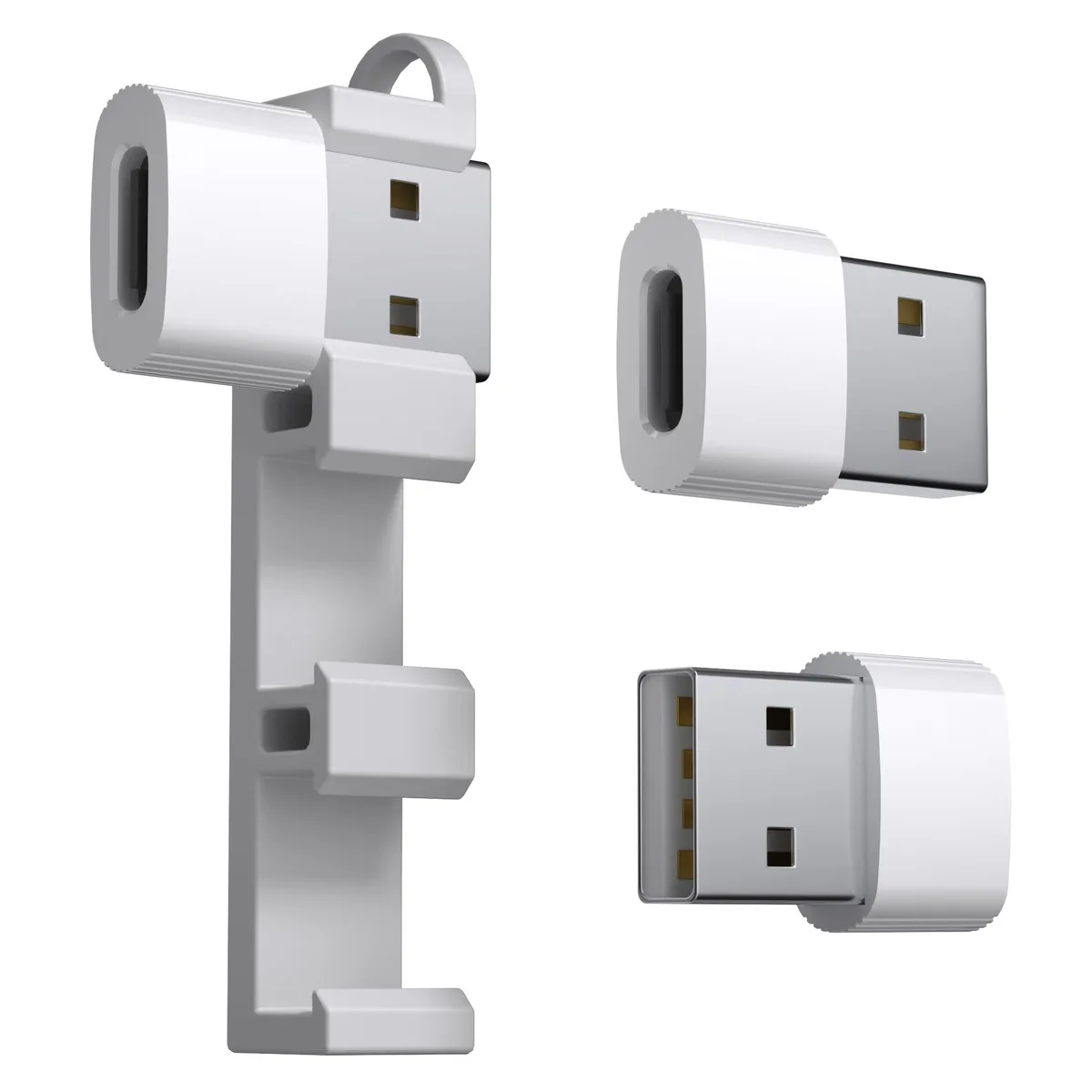 Three white USB-A to USB-C adapters with a carrier