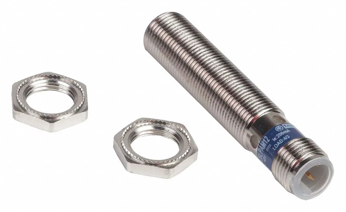 Cylindrical nickel-plated brass sensor, 12 mm diameter, 62 mm long, M12 connector