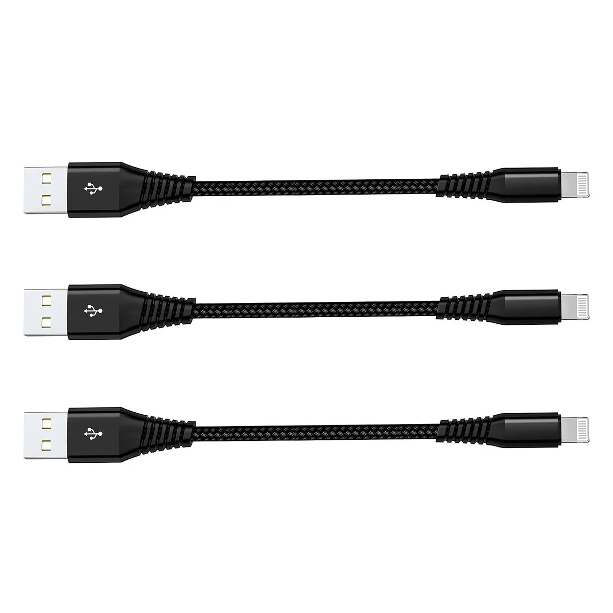 Three short black nylon-braided Lightning cables coiled together