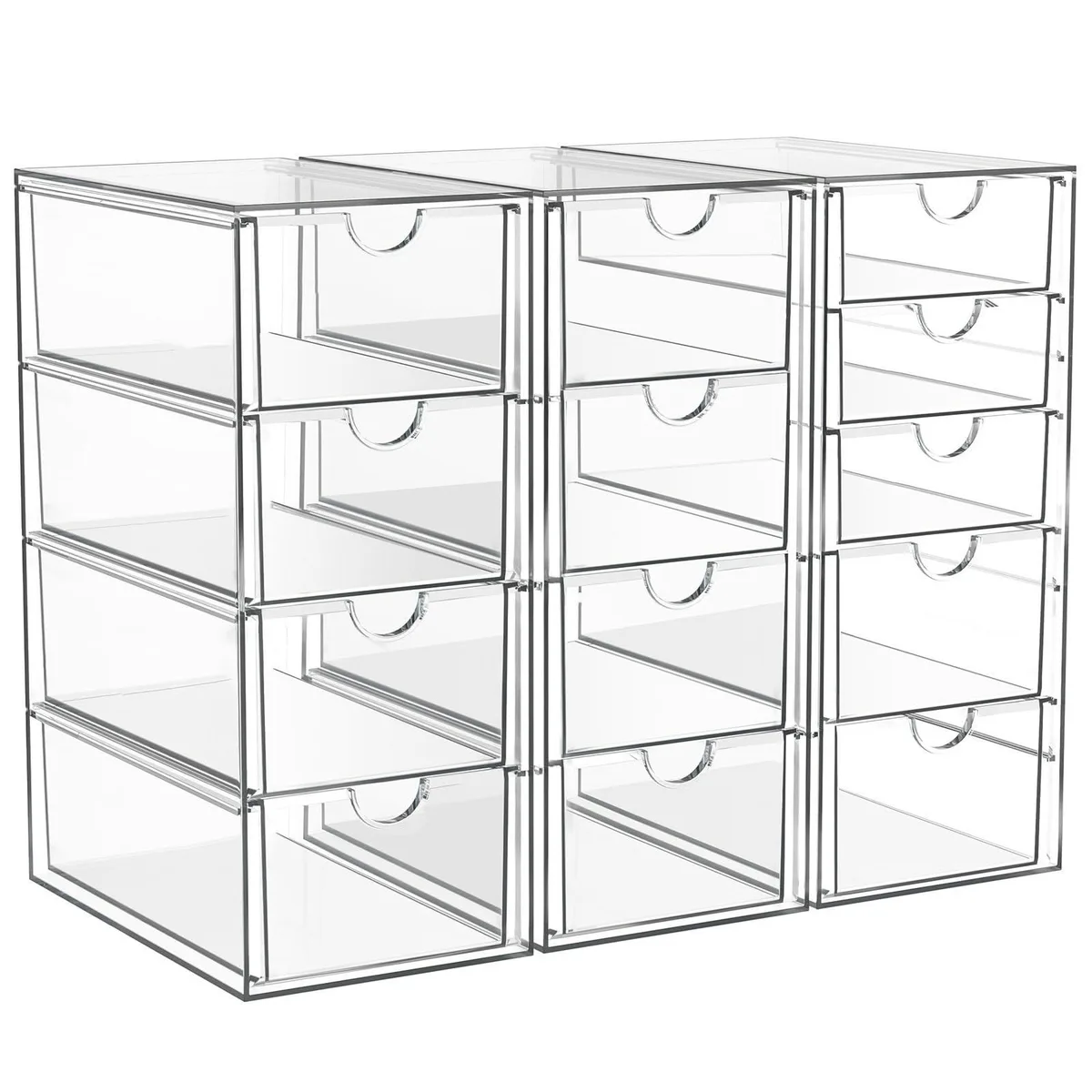 Three clear acrylic stackable units with thirteen smooth-gliding drawers total
