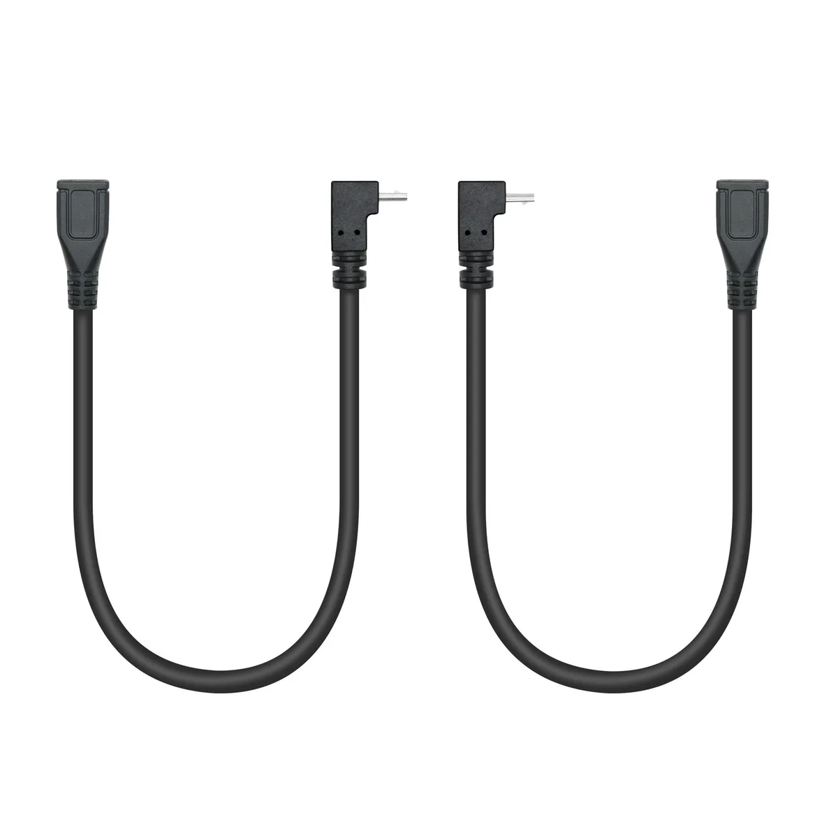 Two short black Micro USB cables with 90° up and down angled connectors