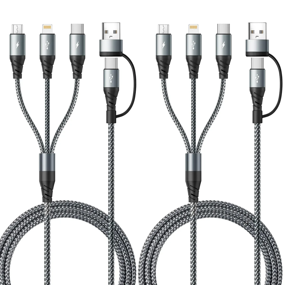 Orange braided 5-in-1 charging cable with USB-A, USB-C, Lightning and Micro-USB connectors