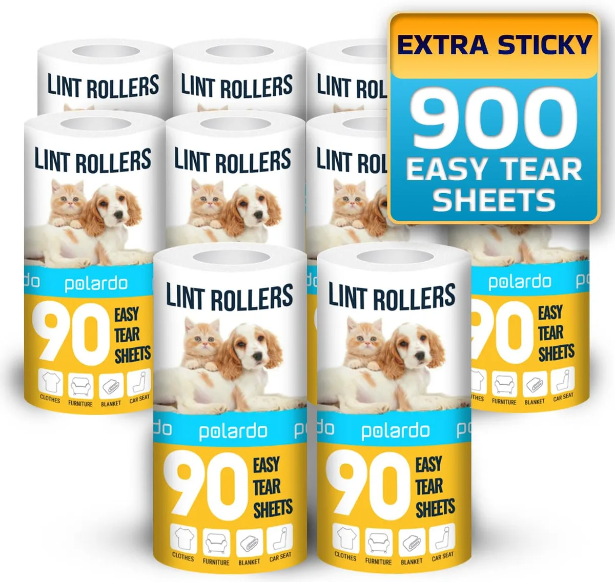 White lint roller refill pack, ten compact plastic rolls with 900 spiral sticky sheets