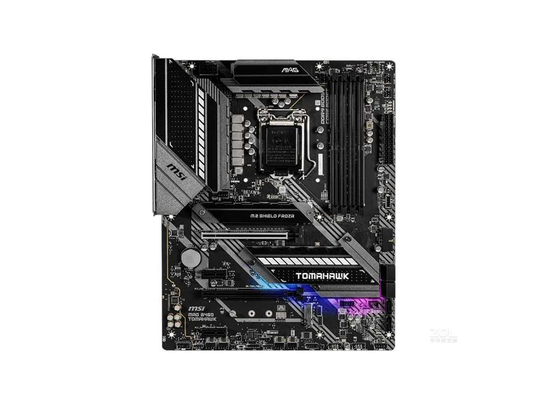 ATX motherboard in black with grey heatsinks and silver PCIe slots