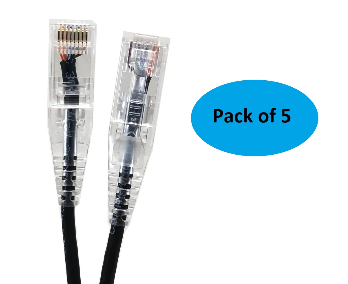 Micro Connectors Micro Connectors E08-001B-SLIM-5 Cat 6 UTP patch cable 1 ft 28AWG black pack of 5 — product photo