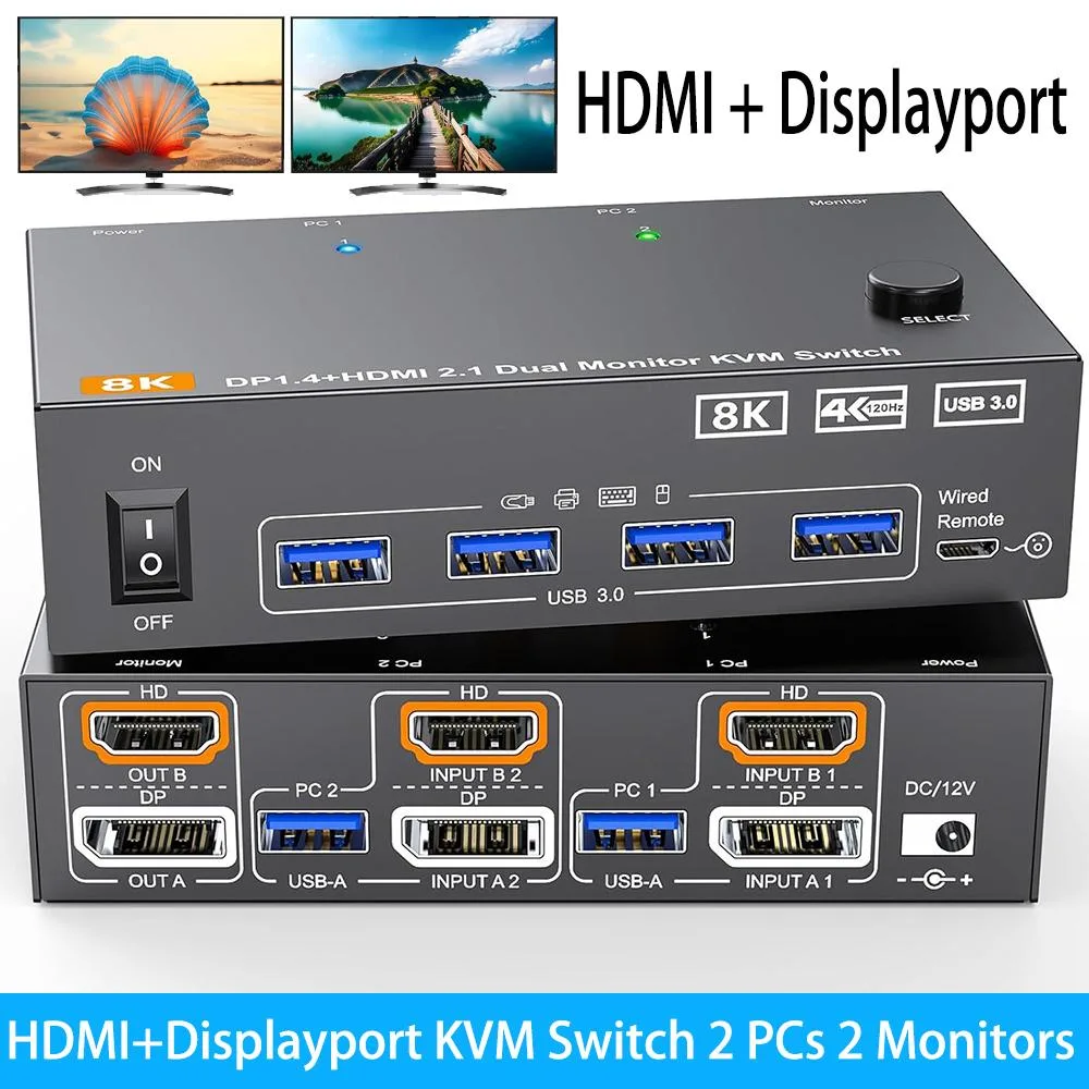 SMA SMA 2-Port HDMI+DP Dual Monitor KVM Switch 8K@60Hz 4K@144Hz USB 3.0 Wired Controller — product photo