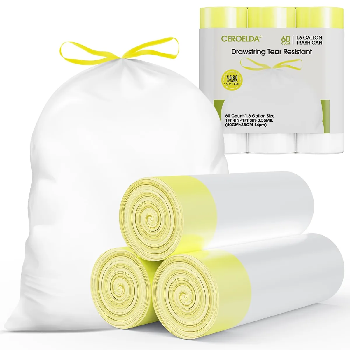 White roll of 60 small drawstring trash bags, 1.6 gallon capacity