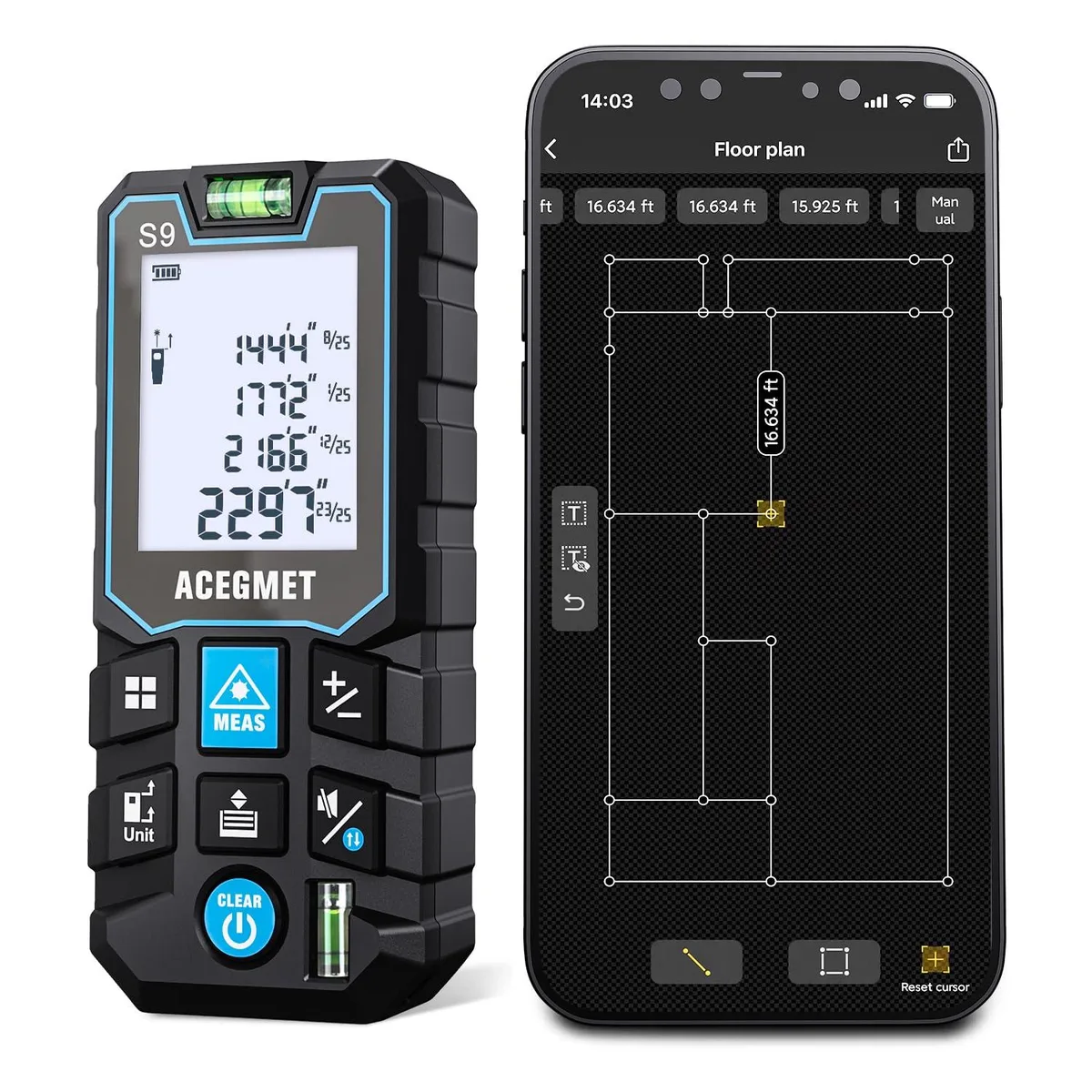 Compact laser measure with backlit LCD and bubble levels