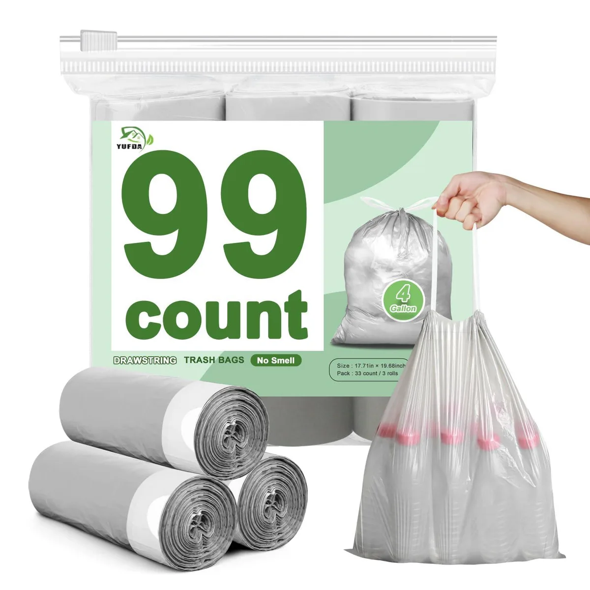 A pack of 99 grey drawstring bin bags on a shelf