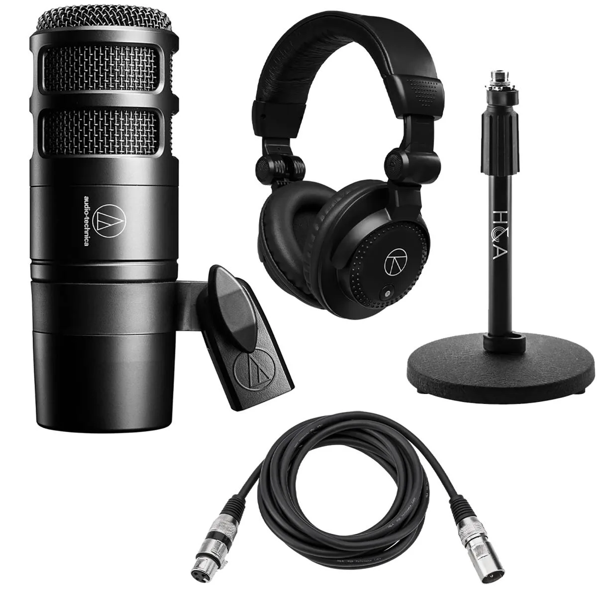 Audio-Technica AT2040 dynamic microphone with tabletop stand and headphones