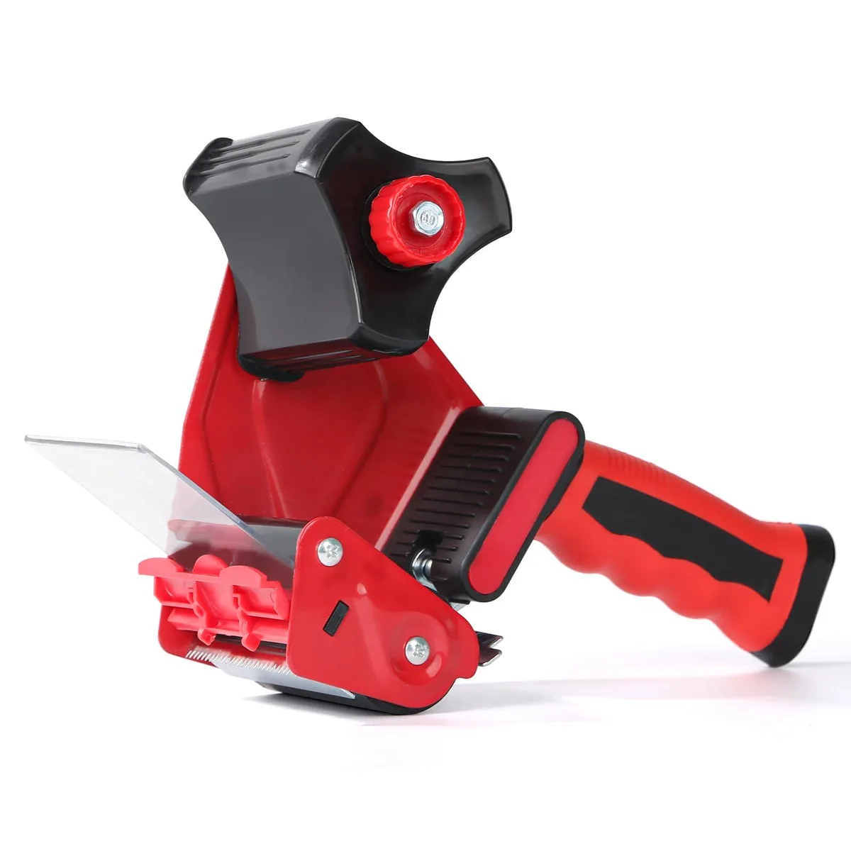 Red handheld tape dispenser gun with black rubber grip and matte finish