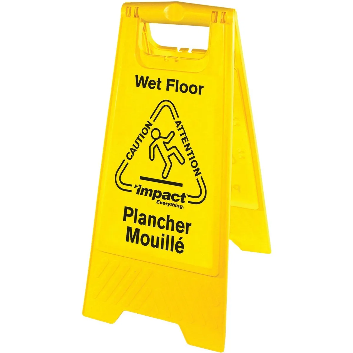 Yellow folding wet floor sign with English and Spanish text and universal graphic