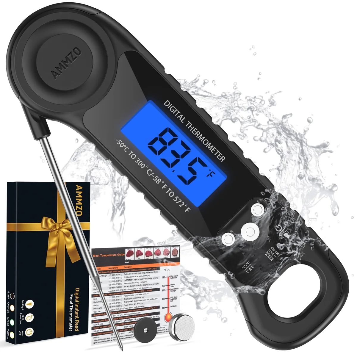 Black instant-read thermometer with 1.65in backlit display, fold-out probe and magnetic back