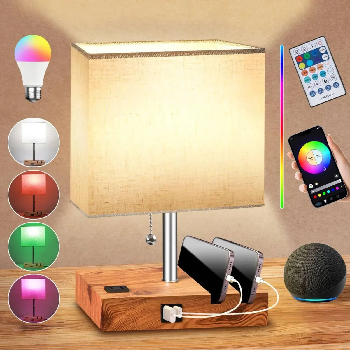 YIEELOG YIEE-TL-Grey-Wood Table Lamp 9W 120V E26 16M Colors USB-C USB-A AC Outlet 7.8x4.7x15.7in — product photo