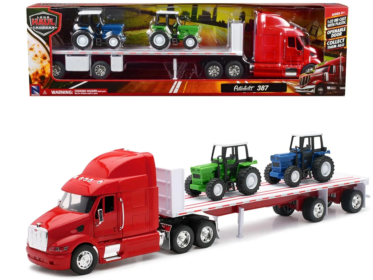 New Ray Toys New Ray Toys Peterbilt 387 Flatbed Truck Red with 2 Farm Tractors Blue Green 1/32 Diecast — product photo