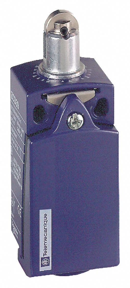 Compact grey limit switch with top-mounted roller plunger actuator